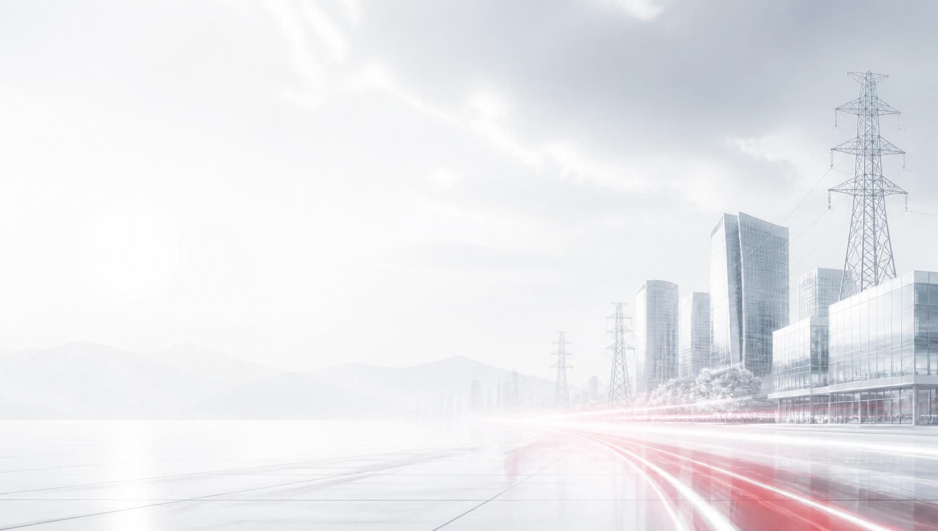 Bright modern commercial skyline with electric transmission infrastructure and subtle red energy flows